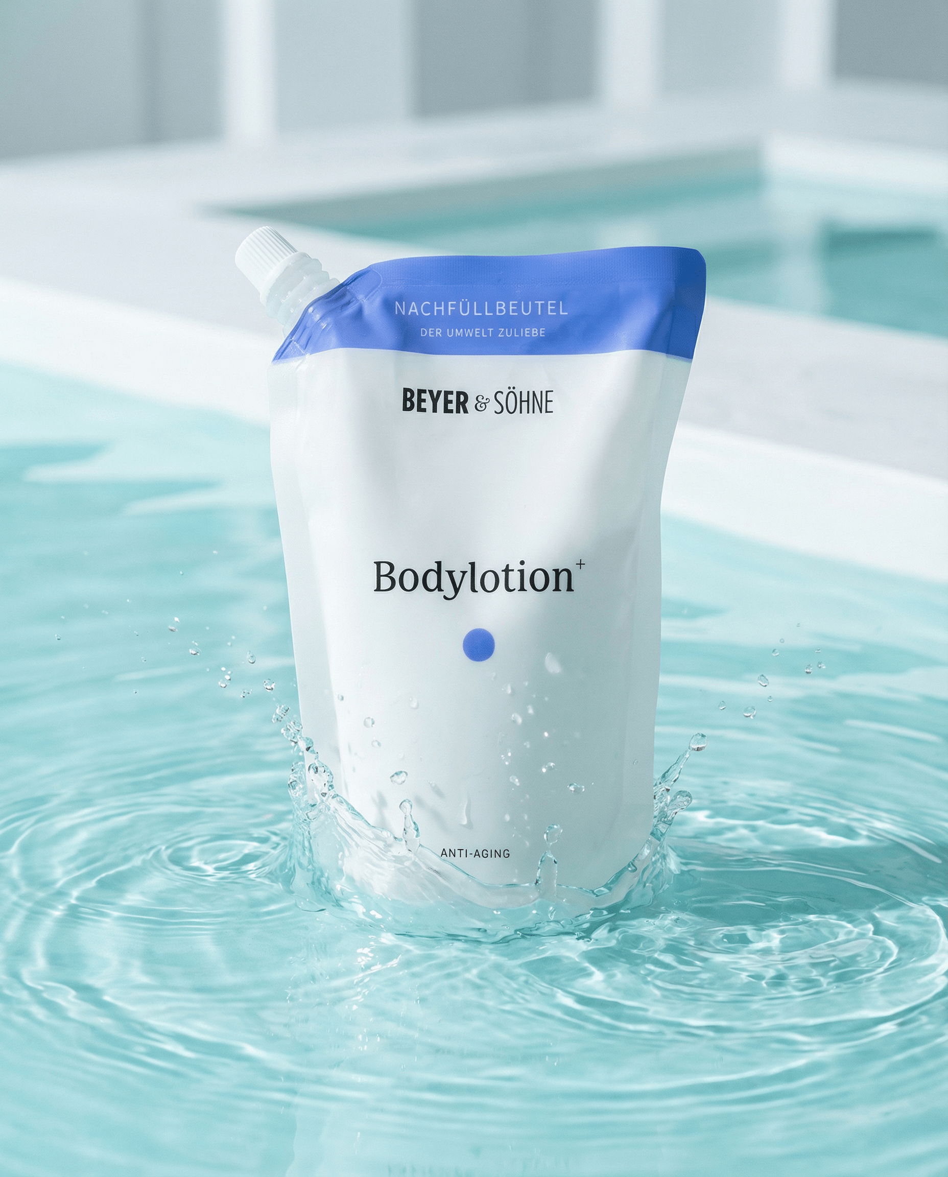 Nachfüllpack der Beyer & Söhne Bodylotion+ im Wasser – umweltfreundlicher Refill für hochwertige Anti-Aging Körperpflege